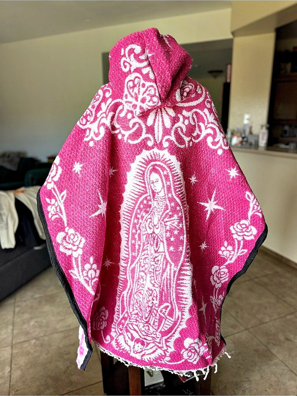 Hot Pink Virgen de Guadalupe Hooded Mexican Poncho - Picture 2 of 5